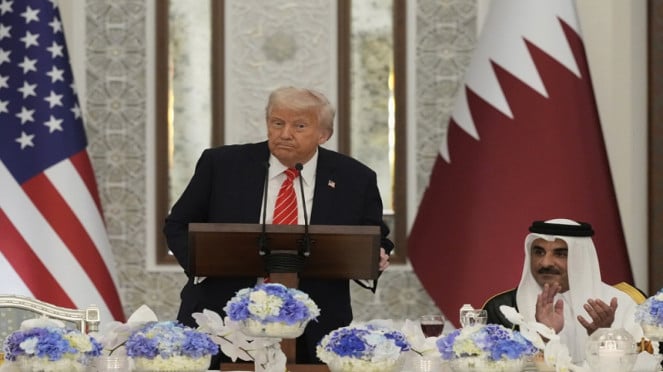 Presiden A Donald Trump berbicara di Lusail Palace, Doha, Qatar Presiden A Donald Trump berbicara di Lusail Palace, Doha, Qatar
