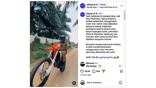 Tangkapan layar unggahan Wali Kota Pekanbaru naik motor trail. Tangkapan layar unggahan Wali Kota Pekanbaru naik motor trail.