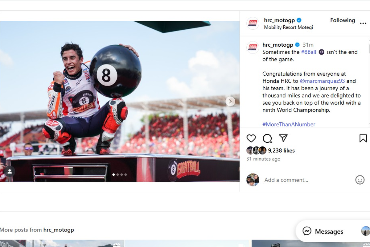 MotoGP, Sirkuit motegi, juara dunia MotoGP, Honda Racing Corporation, Marc Marquez, motogp 2025, MotoGP Jepang 2025, Honda Ucapkan Selamat Kepada Marquez Usai Juara Dunia MotoGP