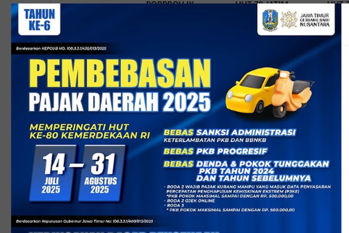Jatim, pajak kendaraan, pemutihan pajak kendaraan, Pajak Kendaraan, jatim, Pemutihan pajak kendaraan di Jatim, jadwal pemutihan pajak kendaraan 2025, Jatim Gelar Pemutihan Pajak Kendaraan, Ini Jadwal dan Ketentuannya
