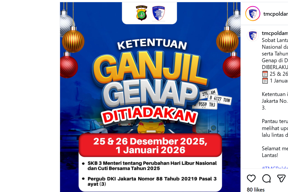Ganjil Genap Jakarta Ditiadakan Saat Libur Natal dan Tahun Baru