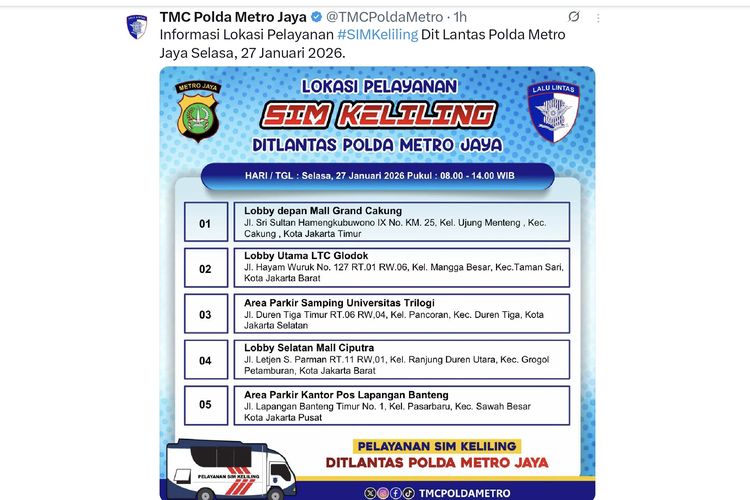 Catat Lokasi dan Jam Operasional SIM Keliling Jakarta Hari Ini