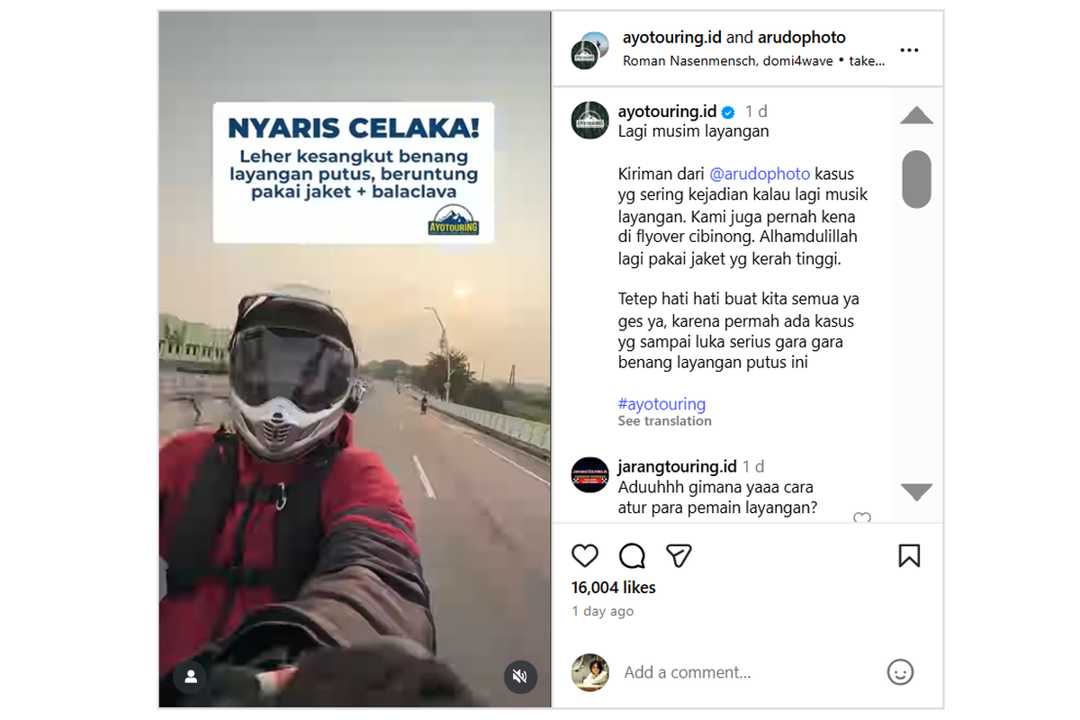 benang layangan, keselamatan berkendara, Kecelakaan motor, Aldo Giovanni Andrean, Benang Layangan di Flyover Cakung Mengancam Leher Pengendara Motor