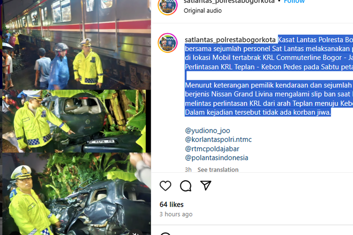 Kecelakaan, Nissan Grand Livina, kecelakaan, KRL Commuter Line, mobil ditabrak kereta, Penyebab Nissan Grand Livina Tertabrak KRL di Bogor, Ban Mobil Selip Saat Melintas Rel