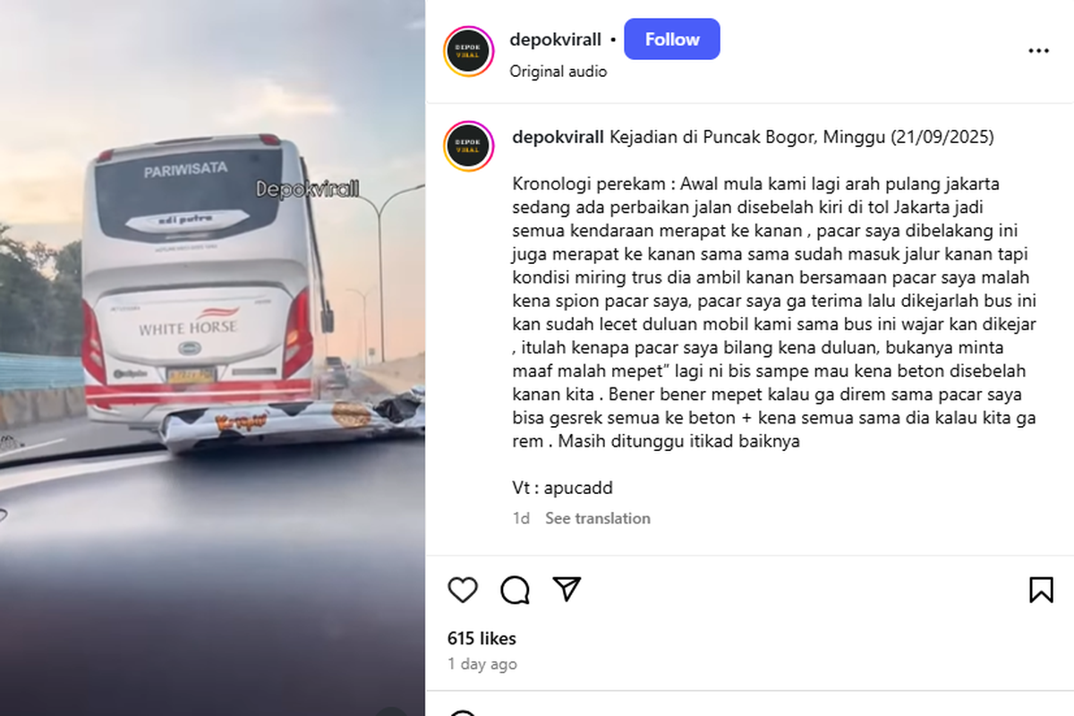 jalan tol, klarifikasi, Bus White Horse, insiden bus di jalan tol, Viral Video Bus White Horse Senggol Mobil di Tol: Ini Klarifikasi Perusahaan