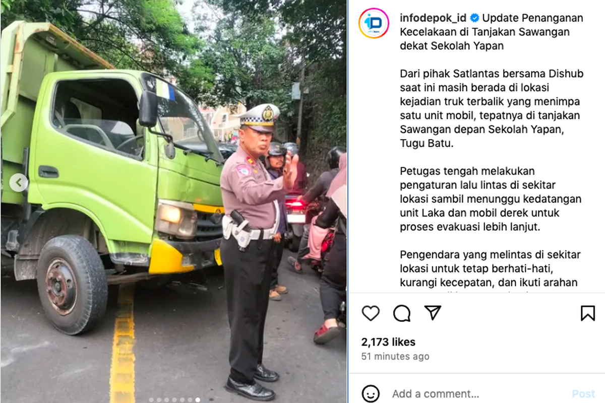 Truk, Sawangan, truk, Tanjakan Yapan, sawangan, Truk gagal nanjak, Truk Terbalik Karena Gagal Nanjak, Jalan Sawangan Macet