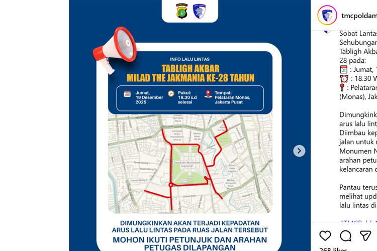 Ada Tabligh Akbar Milad The Jakmania ke-28: Polisi Imbau Hindari Kawasan Monas Malam Ini