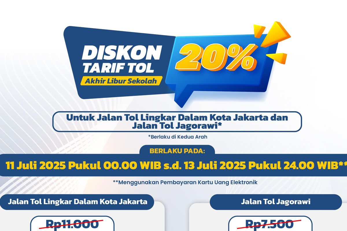 Trans-Jawa, diskon tarif tol, Tol Jagorawi, Jasa Marga, Tol Dalam Kota, diskon tarif tol 20 persen, Berlaku 3 Hari, Cek Rincian Diskon Tarif Tol Jagorawi dan Dalam Kota
