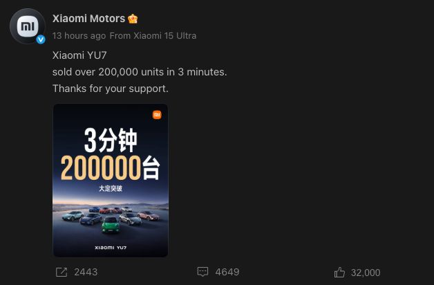 Array,Geger! Mobil Listrik Xiaomi YU7 Laku 200 Ribu Unit dalam 3 Menit