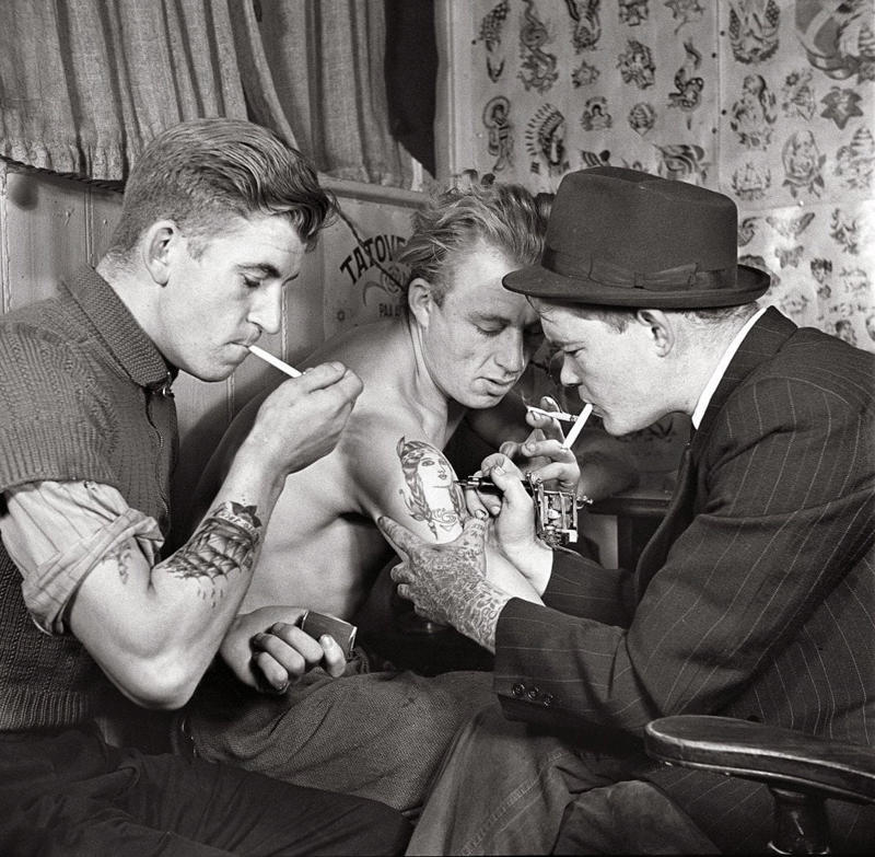 Tattoo-Jack in his parlour in Copenhagen, Denmark, 1940s