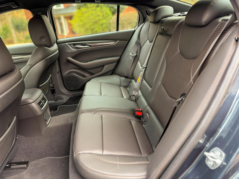 The CT5-V's rear seats are pretty standard issue for a sports sedan of its stature, with contoured leather seats and dedicated charging sockets.
