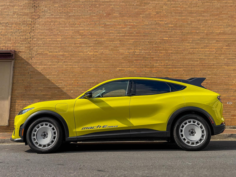 In addition to the spoiler, the Mach-E Rally gets special decals on the front doors and white 19-inch alloy wheels that resemble those found on rally racers.