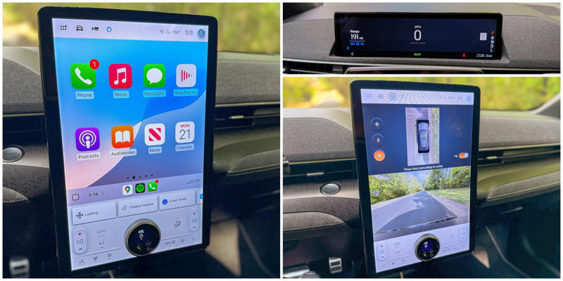 The Mach-E's cabin centers on its massive 15.5-inch vertical touchscreen.