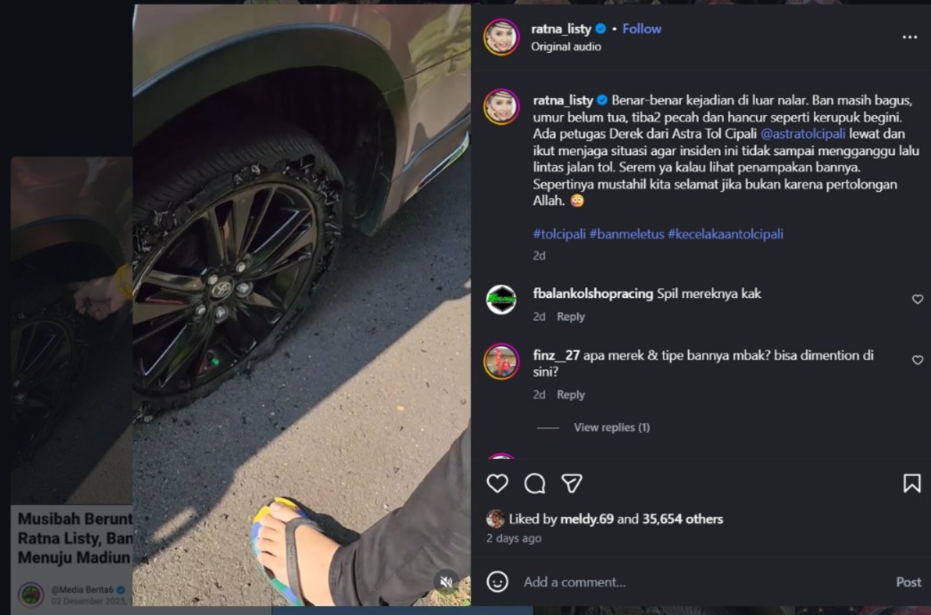 Hampir Celaka, Artis Ratna Listy Pecah Ban di KM 95 Tol Cipali