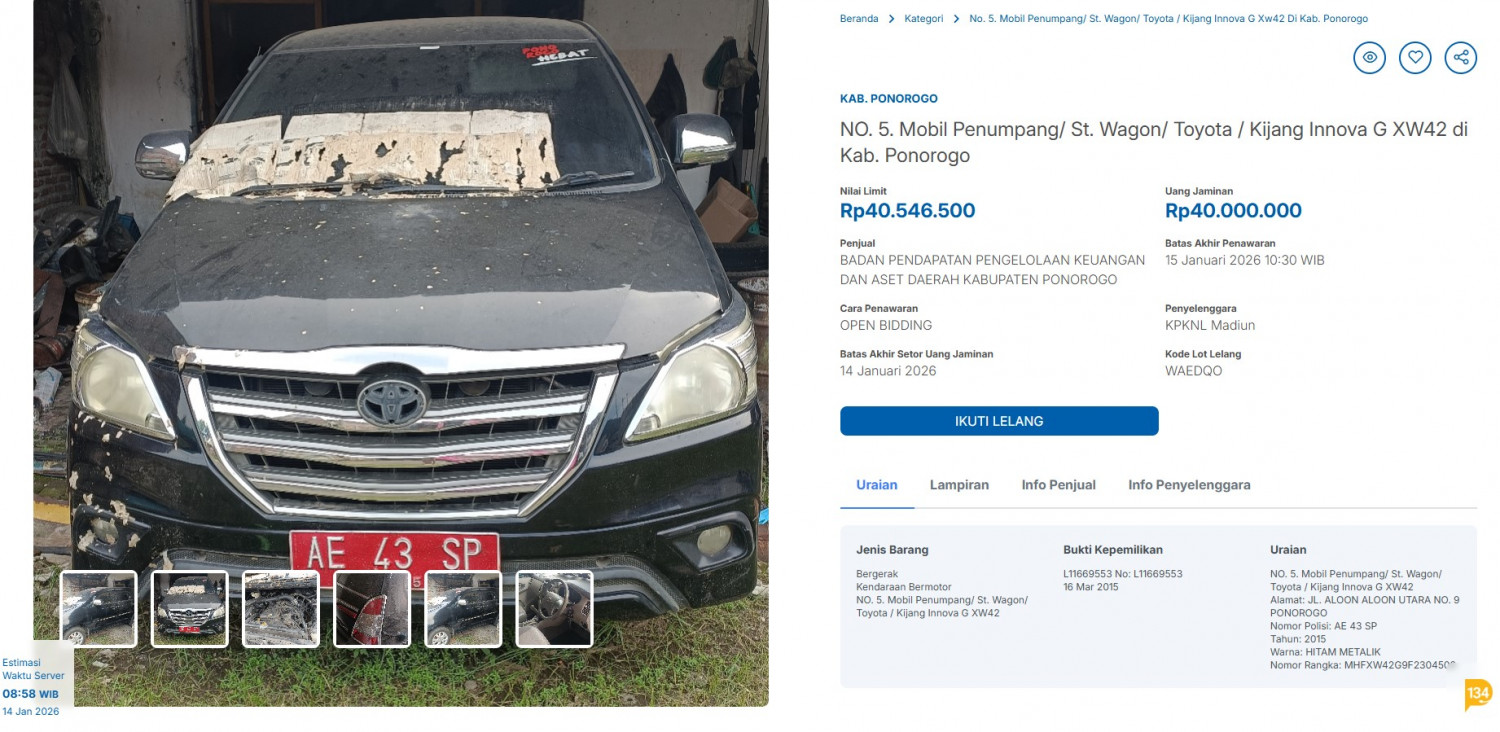Lelang Murah Pemkab Ponorogo, Rush Rp 29,2 Juta dan Kijang Innova G 2015 Rp 40,5 Juta