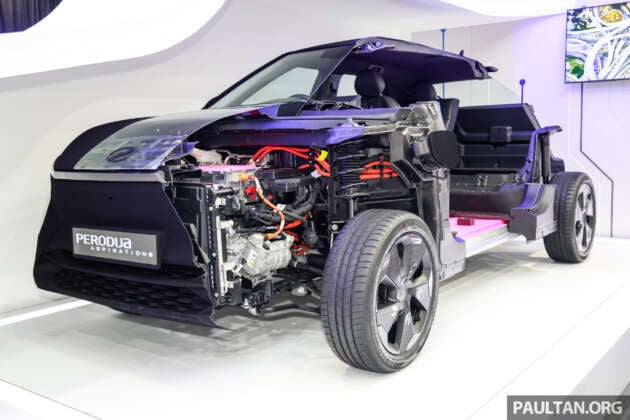 Perodua QV-E EV up close – 52.5 kWh LFP CATL battery, rear torsion beam, range around 385 km?
