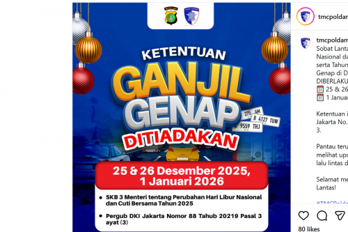 Ganjil Genap Jakarta Ditiadakan Saat Libur Natal dan Tahun Baru