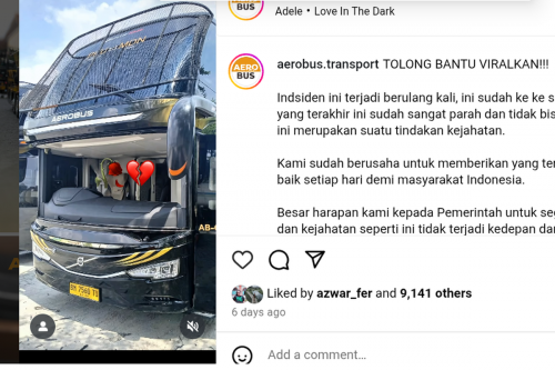 Bus PO Aerobus Jadi Korban Lempar Batu di Jalur Sumatera