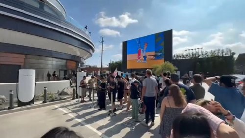 Fans wait for hours to visit Tesla diner and drive-in movie theater in Hollywood on opening day