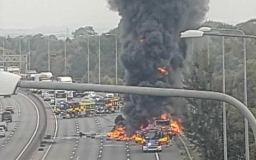 Lorry bursts into flames on M25