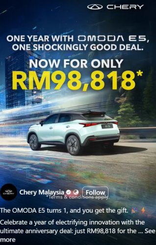 2024 Chery Omoda E5 now RM98,818 – huge RM48k rebate, free wallbox, V2L cable, RM1k charging credits