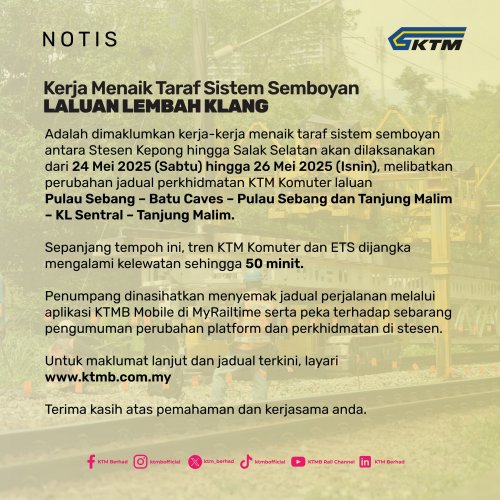KTM Komuter, ETS to have up to 50 min delays from May 24-26 – trains from north end at Kepong Sentral