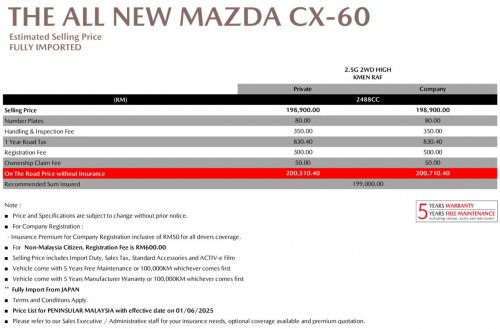 Mazda CX-60 officially open for booking in Malaysia – CBU, sole 2.5L NA variant only; RM200,510 OTR est