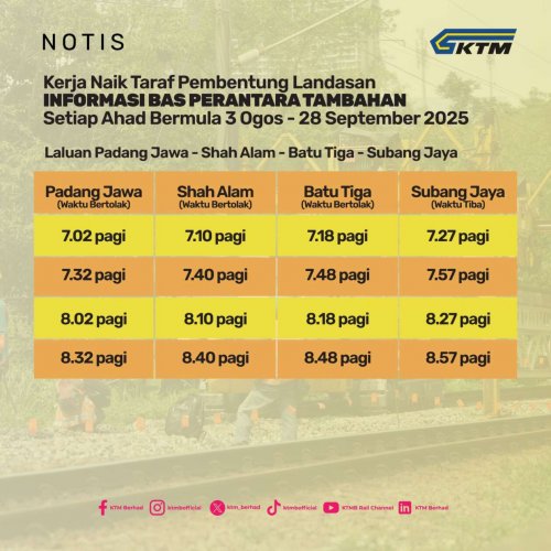 KTM track work from Klang to Abdullah Hukum – no Komuter trains to KL Sentral every Sun till Sept 28