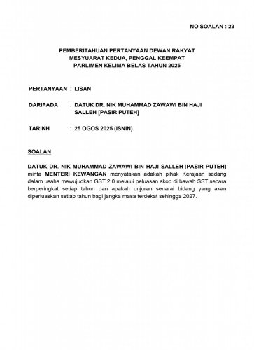 Government has no plans to reintroduce GST for now because people’s income still low – finance ministry