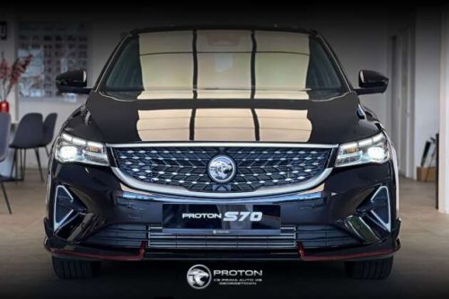 2026 Proton S70 shown – i-GT 4-cyl, new headlights and wheels, bodykit with red lines, Giti tyres