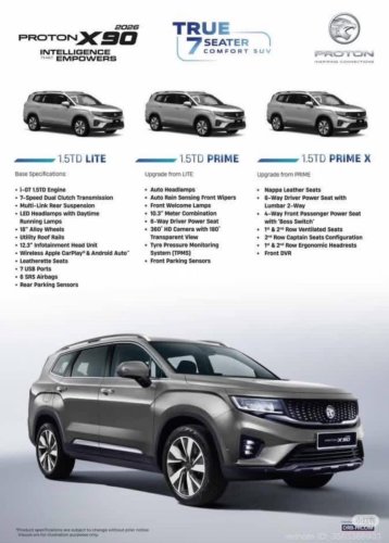 2026 Proton X90 MC brochure leaked – 181 PS/290 Nm 1.5L turbo i-GT 4-cyl from X50, X70, S70; three variants